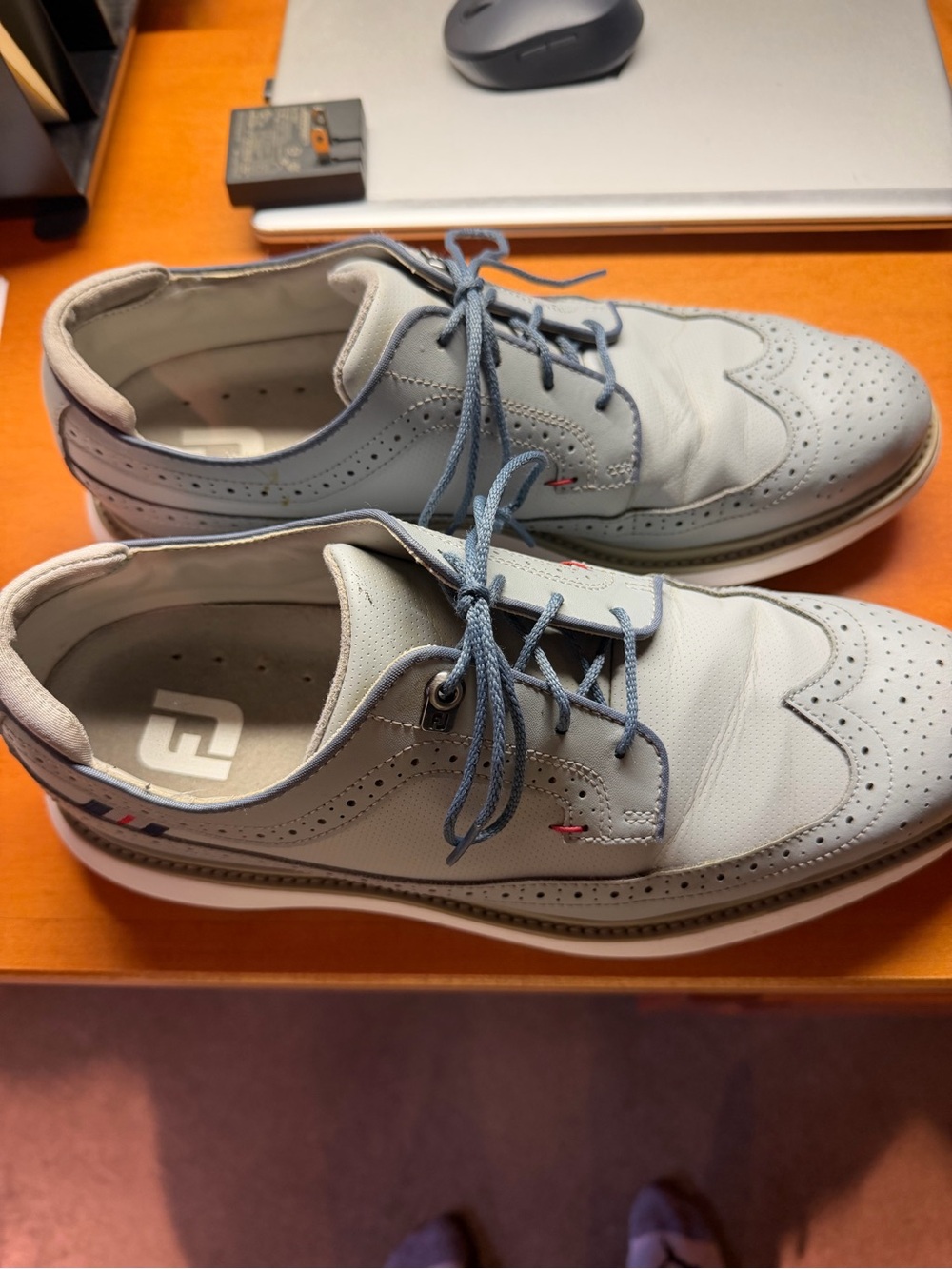 FootJoy Light Gray Wingtip Oxfords with Blue Laces